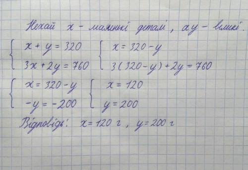 Розв'яжіть задачу, склавши систему рівнянь.Загальна маса малої та великої деталей 320 г, а дві велик