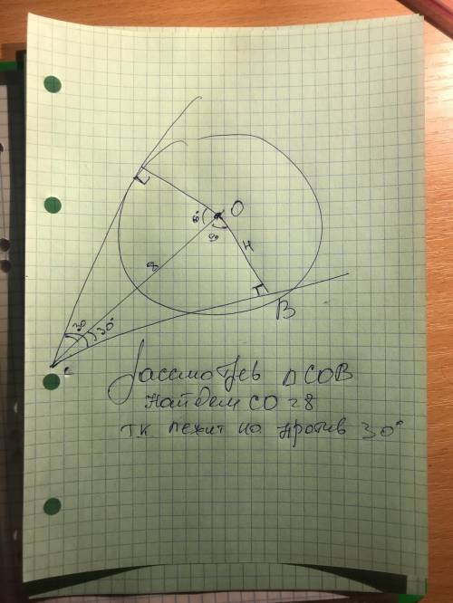 Окружности с центром О касаются стороны угла С. Найти ОС, если радиус окружности равен 4 см, а угол