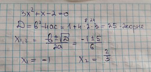 Имеет ли корни уравнение 3x^2+x-2=0