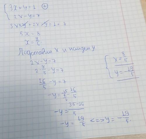 Реши систему уравнений алгебраического сложения пожж {3x+y=1 2x−y=7