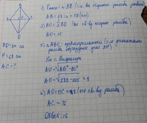 Одна з діагоналей ромба дорівнює 30 см. знайти іншу діагональ ромба, якщо його периметр дорівнює 68