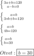 \left \{ {{3a+b=120} \atop {a-b=0}} \right.\\\\\left \{ {{a=b} \atop {3*b+b=120}} \right.\\\\\left \{ {{a=b} \atop {4b=120}} \right.\\\\\left \{ {{a=b} \atop {b=30}} \right.\\\\Otvet:\boxed{b=30}