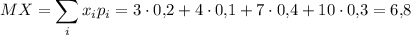 MX=\displaystyle \sum_ix_ip_i=3\cdot 0{,}2+4\cdot 0{,}1+7\cdot 0{,}4+10\cdot 0{,}3=6{,}8