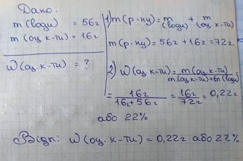 У воді масою 56 г розчинили 16 г оцтової кислоти. Обчисли масову частку (%) оцтової кислоти в отрима