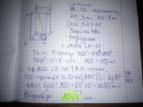Сторони основи прямокутного паралепіпеда дорівнюють 6 см і 8см , а його діагональ нахилена до площин