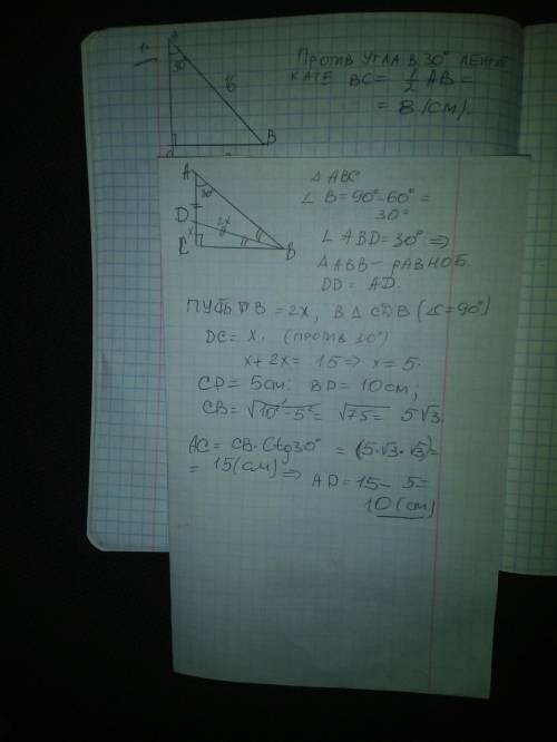 В треугольнике ABC известно, что ∠C = 90°, ∠A = 30°. Биссектриса угла B пересекает катет AC в точке