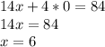 14x+4*0=84\\14x=84\\x=6