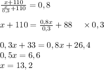 \frac{x+110}{\frac{x}{0,3}+110}=0,8\\\\x+110=\frac{0,8x}{0,3}+88\;\;\;\;\times0,3\\\\0,3x+33=0,8x+26,4\\0,5x=6,6\\x=13,2