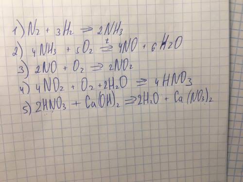 Запишите уравнения реакций,позволяющих осуществить следующие превращения: N2⇒NH3⇒NO⇒NO2⇒HNO3⇒Ca(NO3)