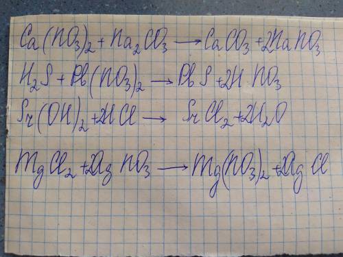 Закончите уравнения, запишите их в ионном и сокращенном виде: Ca(NO3)2 + Na2CO3 → H2S + Pb(NO3)2 → S