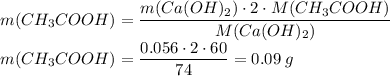 m(CH_3COOH) = \dfrac{m(Ca(OH)_2) \cdot 2 \cdot M(CH_3COOH)}{M(Ca(OH)_2)} \\m(CH_3COOH) = \dfrac{0.056 \cdot 2 \cdot 60}{74} = 0.09\;g