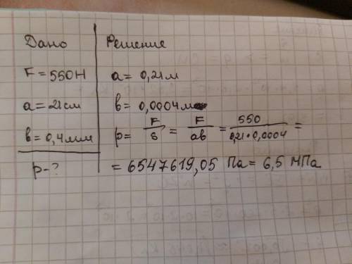 Человек нажимает на лопату силой 550Н. Определи, какое давление оказывает лопата на почву, если шири