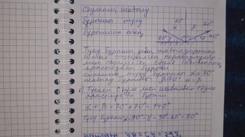 Шағылған сәулемен айна жазықтығы арасындағы бұрыш 20 градус. а) Жарықтың түсу бұрышын анықтаңыз.