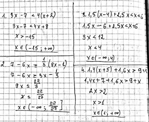 Решить неравенства:1) 3х – 7<4 (х + 2)2) 7 – 6x >= 1/3(9x — 1)3) 1,5(х – 4) + 2,5x <x+6.4)