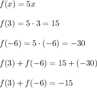 f(x)=5x\\\\f(3) = 5\cdot 3 = 15\\\\f(-6) = 5 \cdot (-6) = -30\\\\f(3)+f(-6) = 15 + (-30)\\\\f(3) + f (-6) = -15