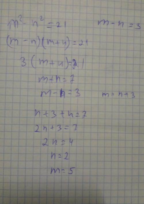 M²-n²=21. m-n=3. m×n=?