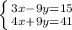 \left \{ {{3x - 9y =15}\atop{4x + 9y=41}} \right.