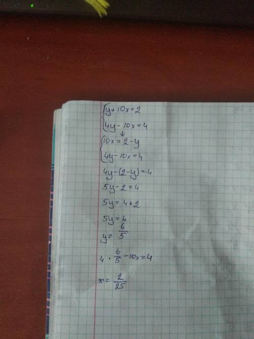 Дана система двух линейных уравнений: {y+10x=2 4y−10x=4