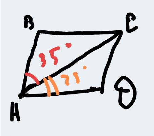 Дано ABCD- параллелограмм AC- диагональ <BAC=35° <CAD=25°. Найти <A, <B, <C, <D. ​