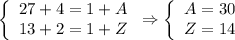 \[\left\{ \begin{array}{l} 27 + 4 = 1 + A \\ 13 + 2 = 1 + Z \\ \end{array} \right. \Rightarrow \left\{ \begin{array}{l} A = 30 \\ Z = 14 \\ \end{array} \right.\]