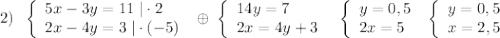 2)\; \; \left\{\begin{array}{l}5x-3y=11\; |\cdot 2\\2x-4y=3\; |\cdot (-5)\end{array}\right\; \oplus \; \left\{\begin{array}{l}14y=7\\2x=4y+3\end{array}\right\; \; \left\{\begin{array}{l}y=0,5\\2x=5\end{array}\right\; \left\{\begin{array}{l}y=0,5\\x=2,5\end{array}\right