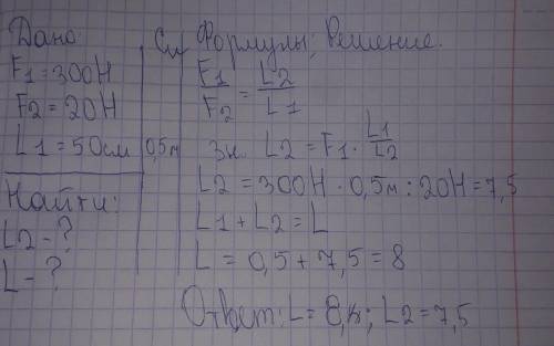 На меньшее плечо рычага действует сила 300 Н, а на большее-20 Н. Длина меньшего плеча 50 см. Определ