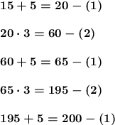 \boldsymbol{15+5=20 -(1)}\\\\\boldsymbol{20\cdot3=60-(2)}\\\\ \boldsymbol{60+5=65-(1)}\\\\ \boldsymbol{65\cdot3=195-(2)}\\\\ \boldsymbol{195+5=200-(1)}