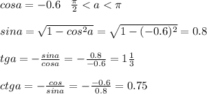 cosa=-0.6\;\;\; \frac{\pi}{2}\; \textless \; a \; \textless \; \pi\\\\sina=\sqrt{1-cos^2a} =\sqrt{1-(-0.6)^2} =0.8\\\\tga=-\frac{sina}{cosa} =-\frac{0.8}{-0.6} =1\frac{1}{3} \\\\ctga=-\frac{cos}{sina} =-\frac{-0.6}{0.8} =0.75