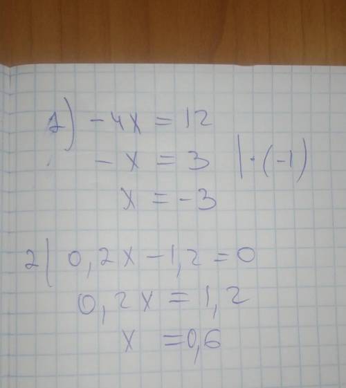 Розв'яжіть рівняння: 1) -4х=12; 2) 0,2х-1,2=0 До ть будь ласка