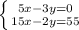 \left \{ {{5x-3y=0} \atop {15x-2y=55}} \right.