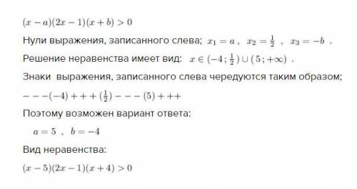 Неравенство (х-а)(2х-1)(х+b) ˃ 0 имеет решение (-4; ½)ᴗ(5;∞). Найдите значения a и b.