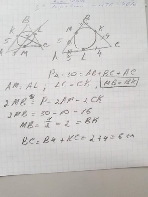 Утрикутник АВС вписано коло. K; L; M - точки дотику. АМ = 5 см; СК = 4 см. Знайдіть довжину сторони