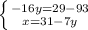 \left \{ {{-16y=29-93} \atop {x=31-7y}} \right.