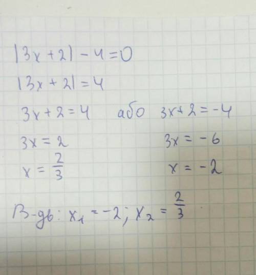 Розв’яжіть рівняння │3х + 2│- 4 = 0. 7-клас