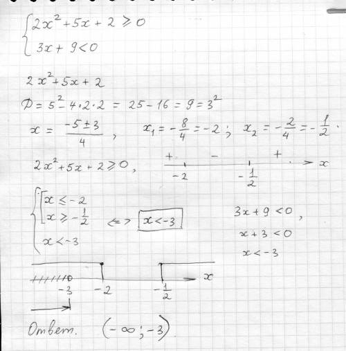 3. Решите систему неравенств:2x^2 +5х+2>_0,3х+9<0.​