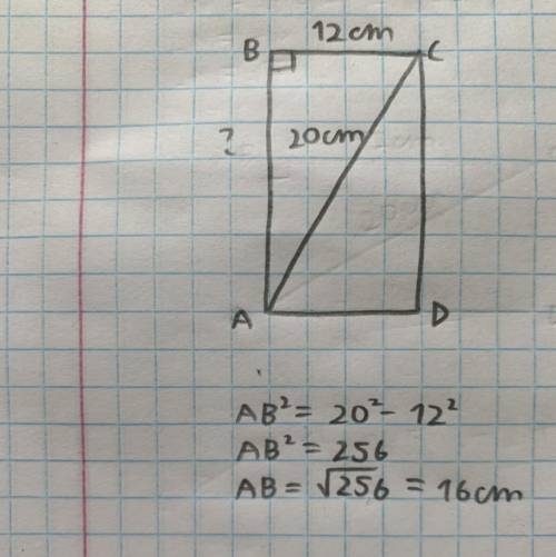 Знайти площу прямокутниказі стороною 12 см і діагоналлю 20 см