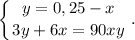 \displaystyle \left \{ {{y = 0,25-x} \atop {3y+6x=90xy}} \right. .