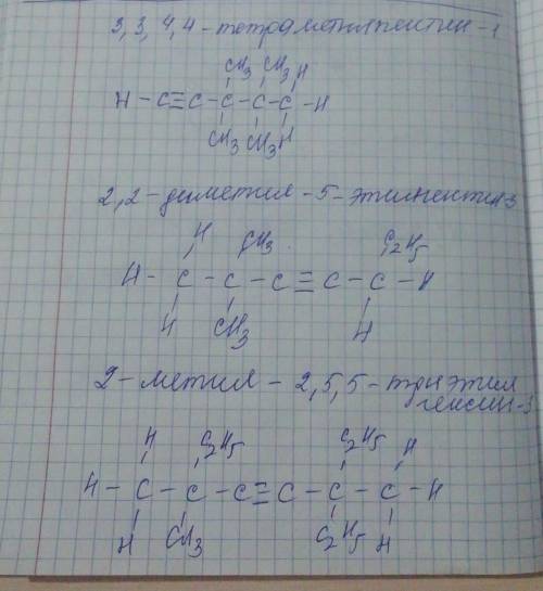 Составьте структурные формулы 1) 3,3,4,4-тетраметилпентин-12)2,2-диметил-5-этилгептин-33)2-метил-2,5