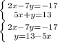 \left \{ {{2x-7y=-17} \atop {5x+y=13}} \right.\\\left \{ {{2x-7y=-17} \atop {y=13-5x}} \right.\left