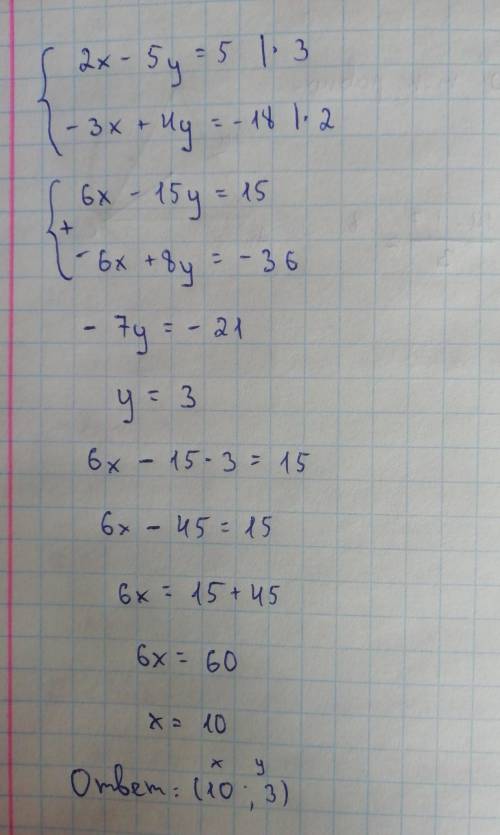 Закончите решение системы уравнений 2x-5y=5; *3 -3x+4y=-18. *2 6x-15y=15; -6x+8y=-36