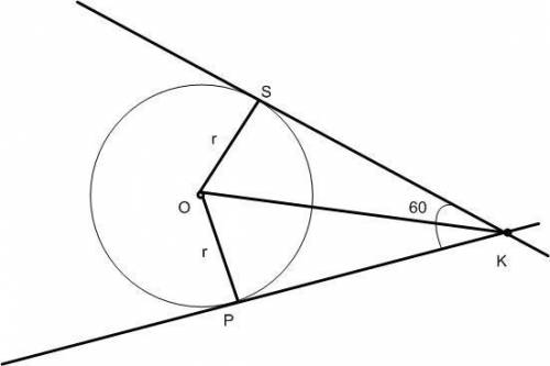 З точки К, що лежить поза колом з центром О проведено дотичні КР і КS. Відомо, що РКS=60°. Знайти ра