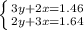 \left \{ {{3y+2x=1.46} \atop {2y+3x=1.64}} \right.