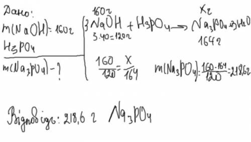 Обчисліть масу натрій ортофосфату, утвореного взаємодією натрій гідроксиду масою 160 г із ортофосфат