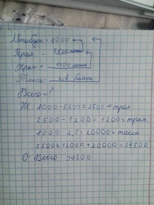 В городе 8000 автобусов, троллейбусов на 5500 меньше, чем автобусов, трамваев на 1300 меньше, чем тр