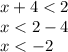 x + 4 < 2 \\ x < 2 - 4 \\ x < - 2