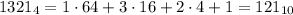 1321_4=1\cdot64+3\cdot16+2\cdot4+1=121_{10}