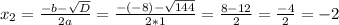 x_2=\frac{-b-\sqrt{D} }{2a} =\frac{-(-8)-\sqrt{144} }{2*1} =\frac{8-12}{2}=\frac{-4}{2} =-2