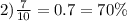 2) \frac{7}{10} = 0.7 = 70\%