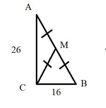 В треугольнике ABC AC=26, BC=16 , угол C равен 90∘ . Найдите радиус описанной окружности этого треуг