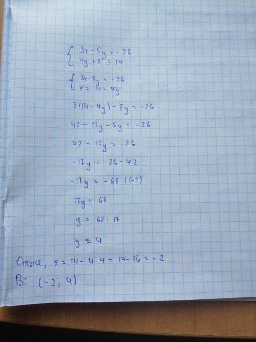 Яка пара чисел є розв’язком системи двох лінійних рівнянь: 3х-5у=-26, 4у+х=14? а) (4; 5); б) (2; 4);